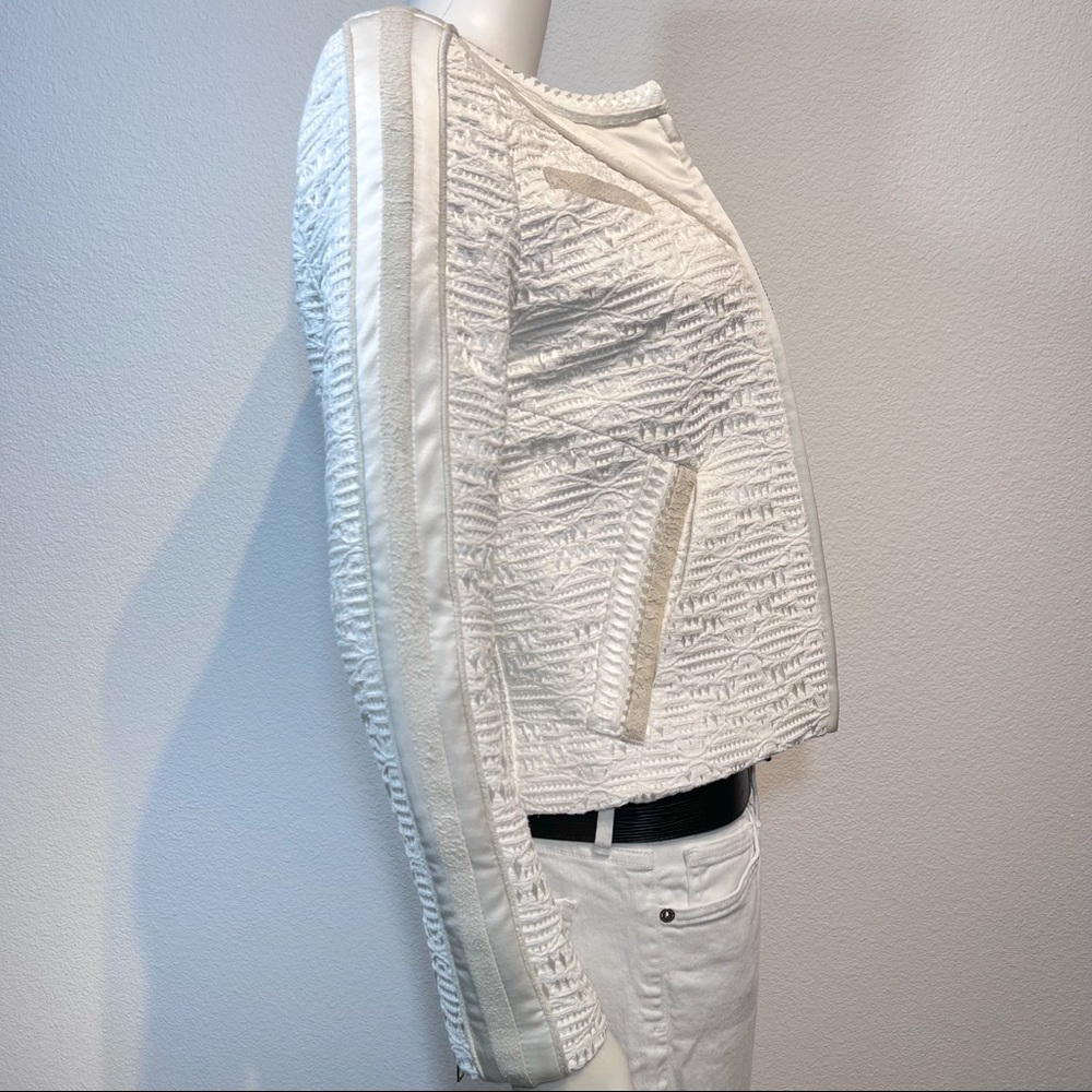IRO • Kendall Jenner • Felicy Ivory Jacquard Silk Lamb Leather Trim Moto Jacket - Picture 6 of 16